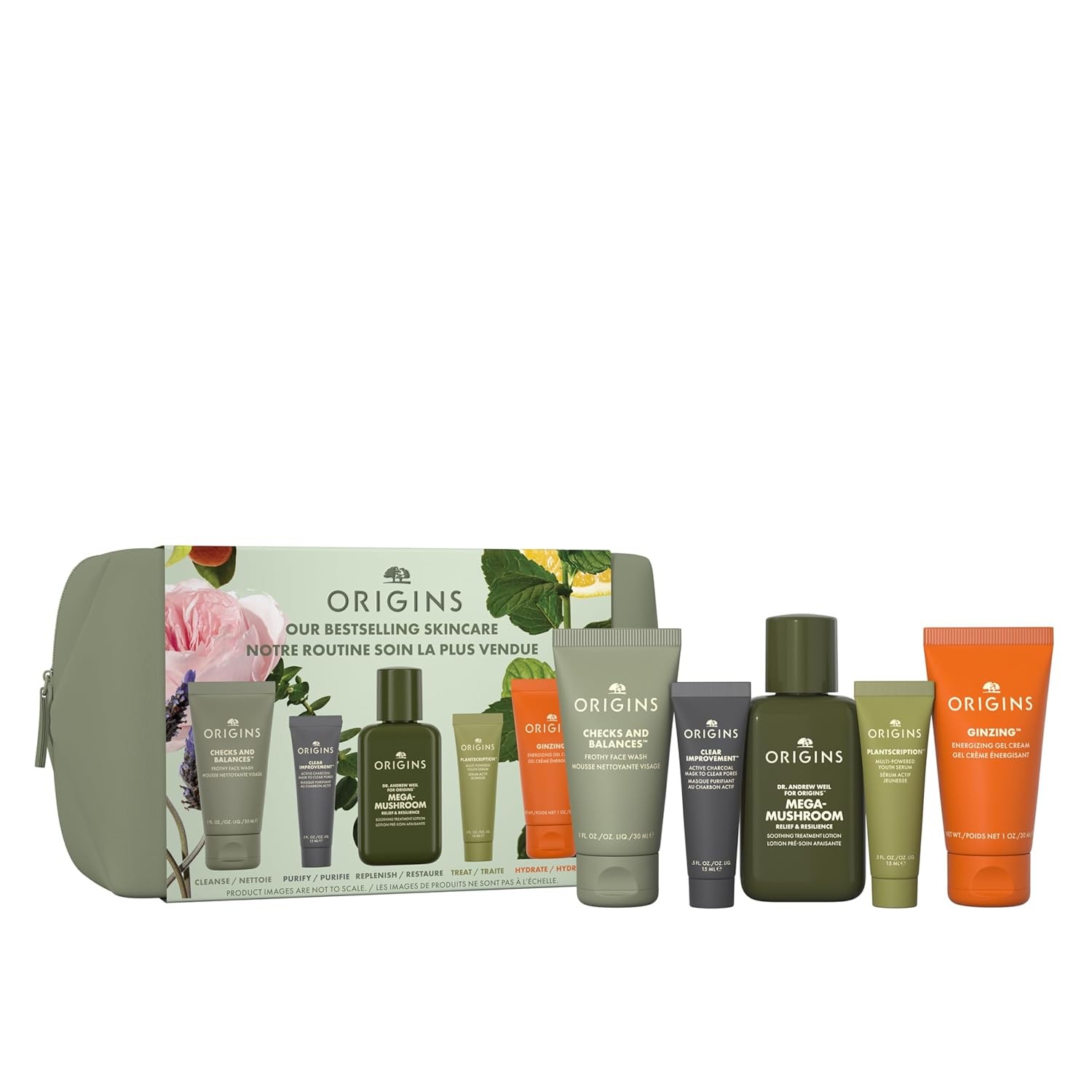 Origins Bestselling Travel Skincare Set | Features Cleanser, Mask, Treatment Lotion, Serum & Moisturizer | With Peptides, Hyaluronic Acid & Niacinamide