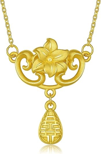 24K Solid Gold Pendant Necklace for Women, Real Pure Gold Jewelry Dainty Elegant Flower Pendant Chain for Men Girlfriend