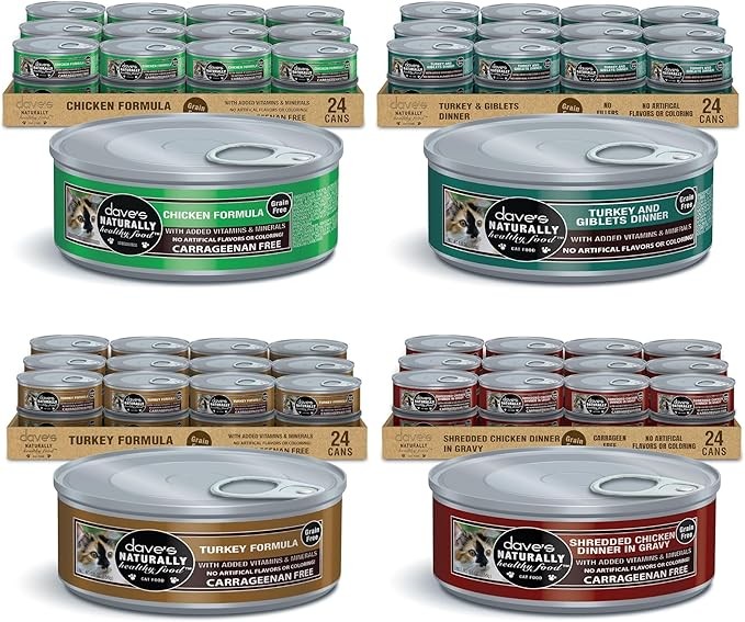Dave's Pet Food Grain Free Wet Cat Food Bundle, Chicken Formula, Turkey, Shredded Chicken in Gravy, Turkey & Giblets Dinner, Made in USA & Canada, 5.5 oz Cans (24 Pack Each)