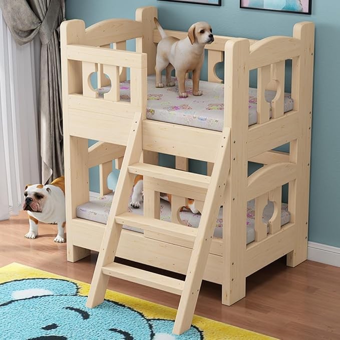 Elevated Dog Bunk Bed with Steps for Small/Medium/Large Pets, Double Layer Wooden Frame, Stylish Pet Bed with Side Ladder (47" L x 28" W x 39" H)