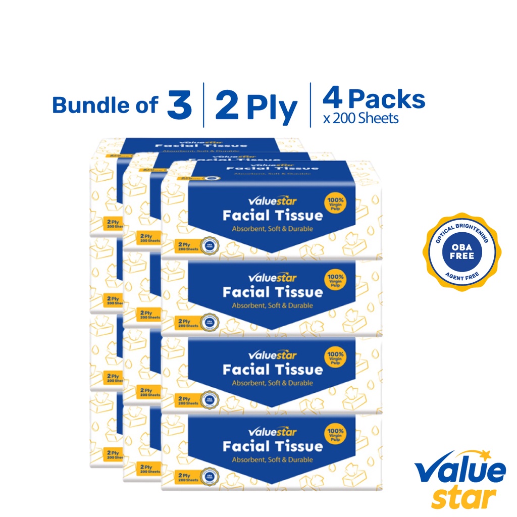 ValueStar Facial Tissue Soft Pack, 2-ply, 4 x 200 sheets [Bundle of 3]