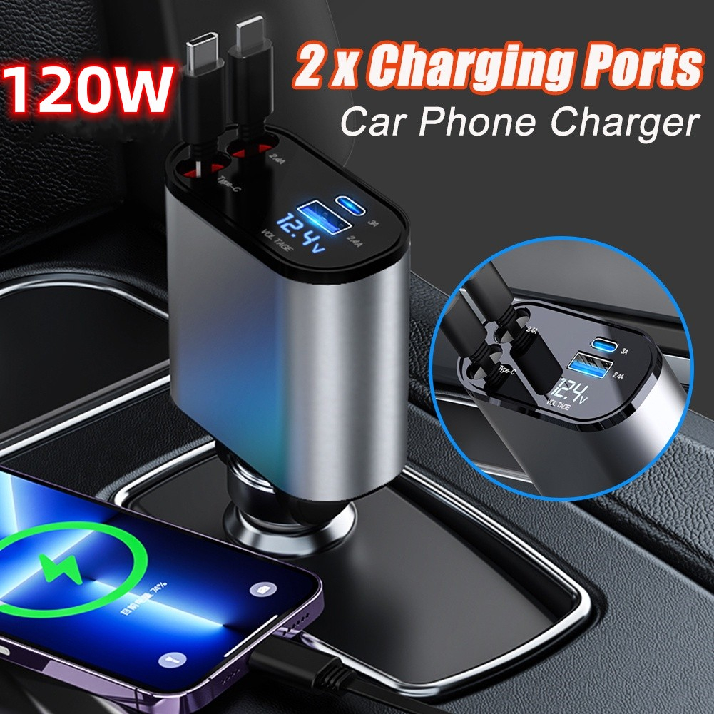 120W 4 IN 1 Car Charger USB Type C Cable For Huawei Samsung Fast Charge