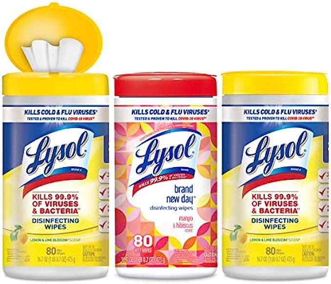 Lysol Disinfectant Wipes, Multi-Surface Antibacterial Wipes for Disinfecting and Cleaning, Mixed Fragrance pack containing Lemon &amp; Lime Blossom (2 Packs) and Mango and Hibiscus (1 Pack)